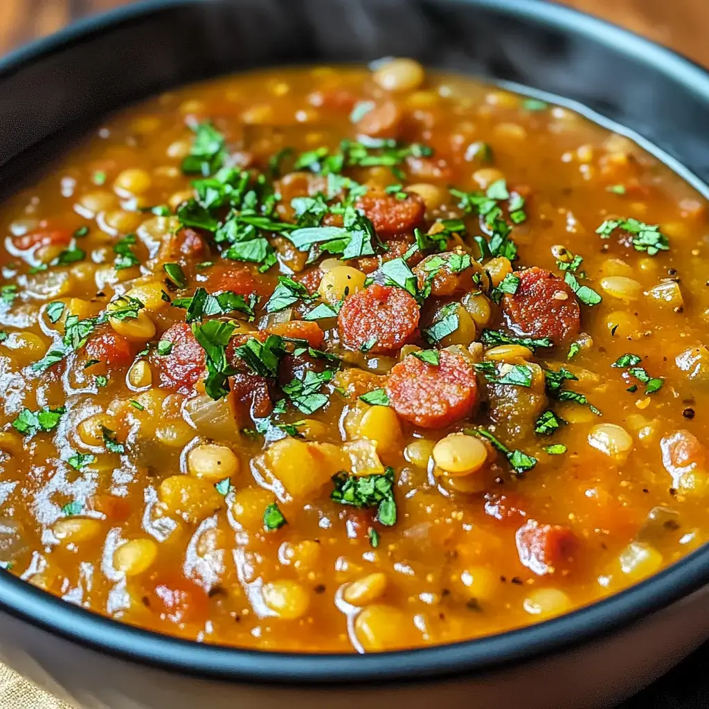 A close-up of a bowl of hearty soup containing lentils, diced vegetables, and garnished with fresh herbs.