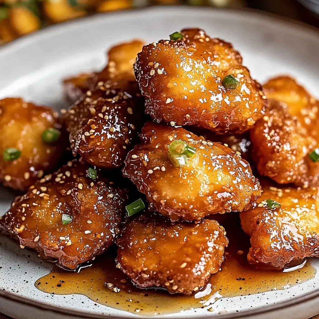 A plate of golden, crispy fried pieces coated in a glossy sauce, sprinkled with sesame seeds and garnished with chopped green onions.