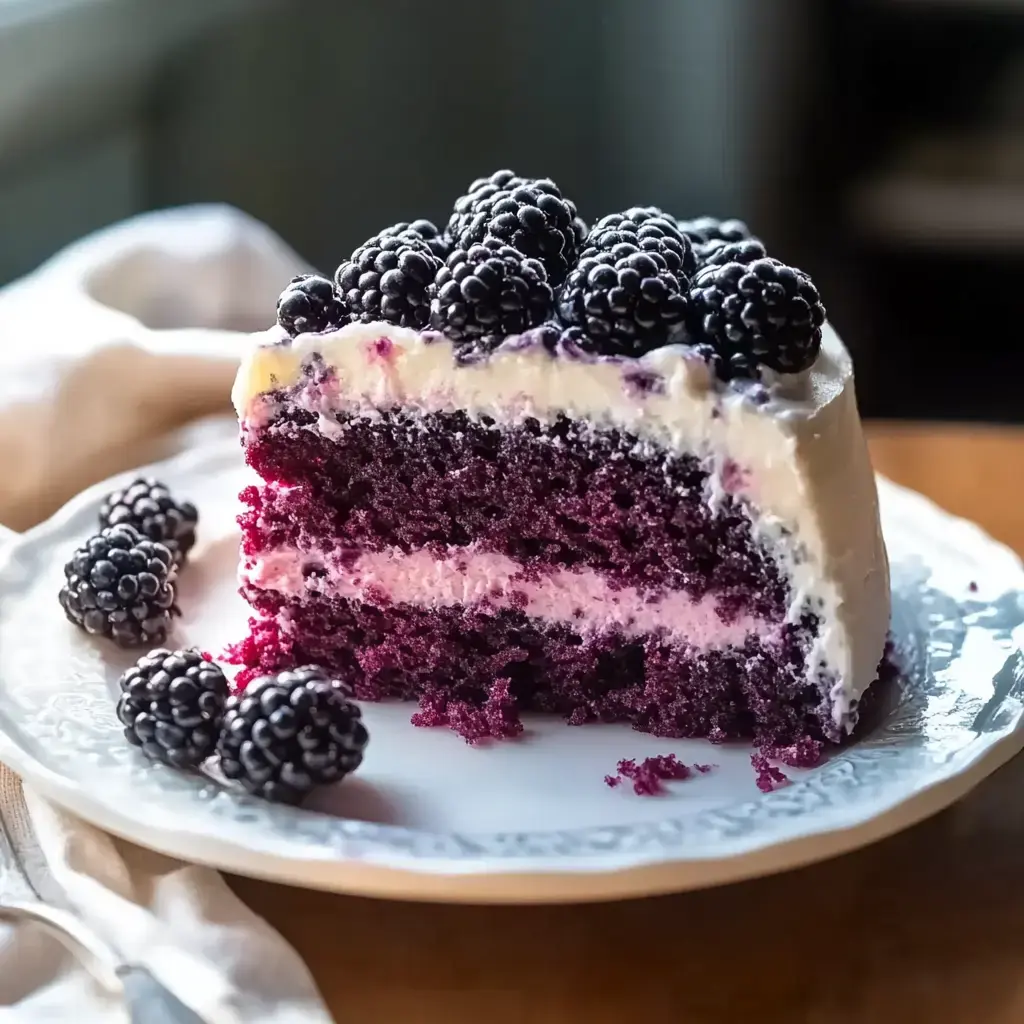 A slice of purple cake with cream frosting is topped with fresh blackberries and served on a decorative plate, accompanied by additional blackberries on the side.