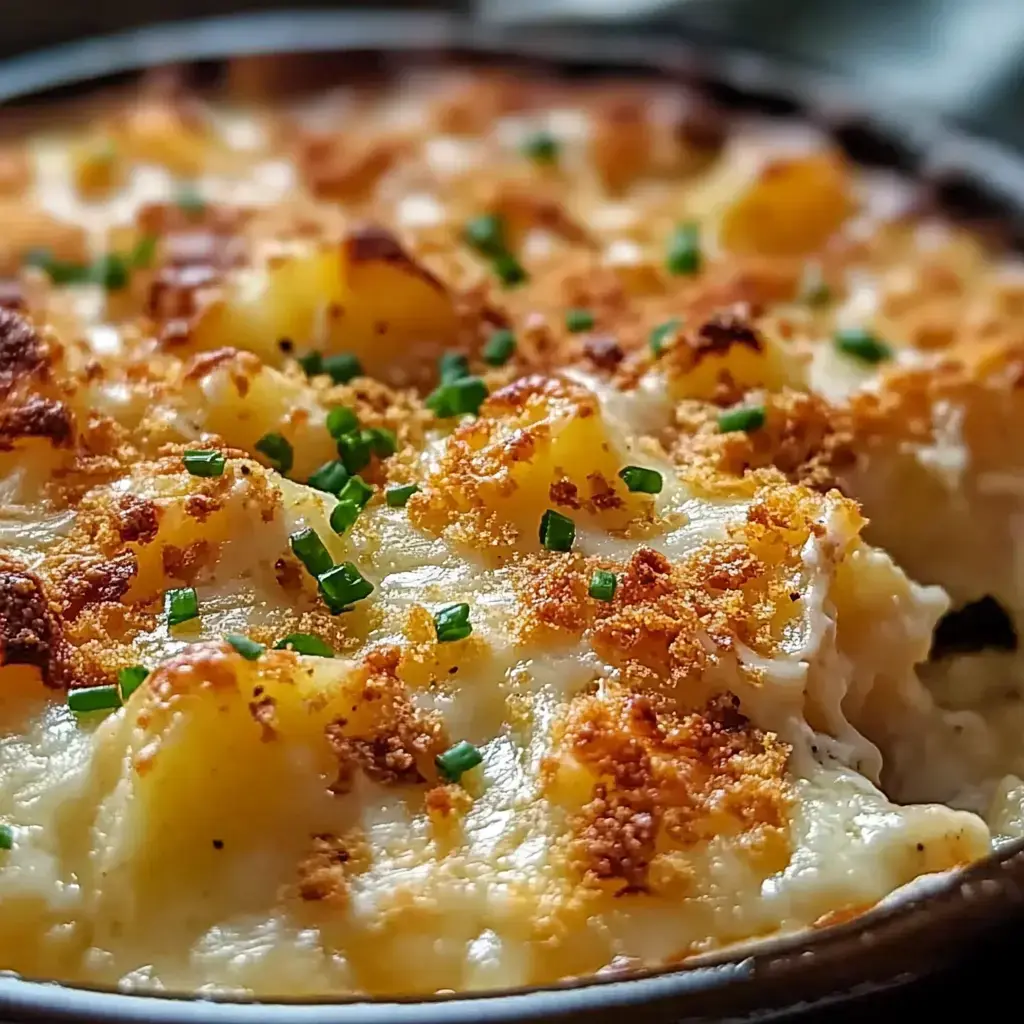 A close-up of a creamy baked dish topped with crispy breadcrumbs and garnished with chopped chives.