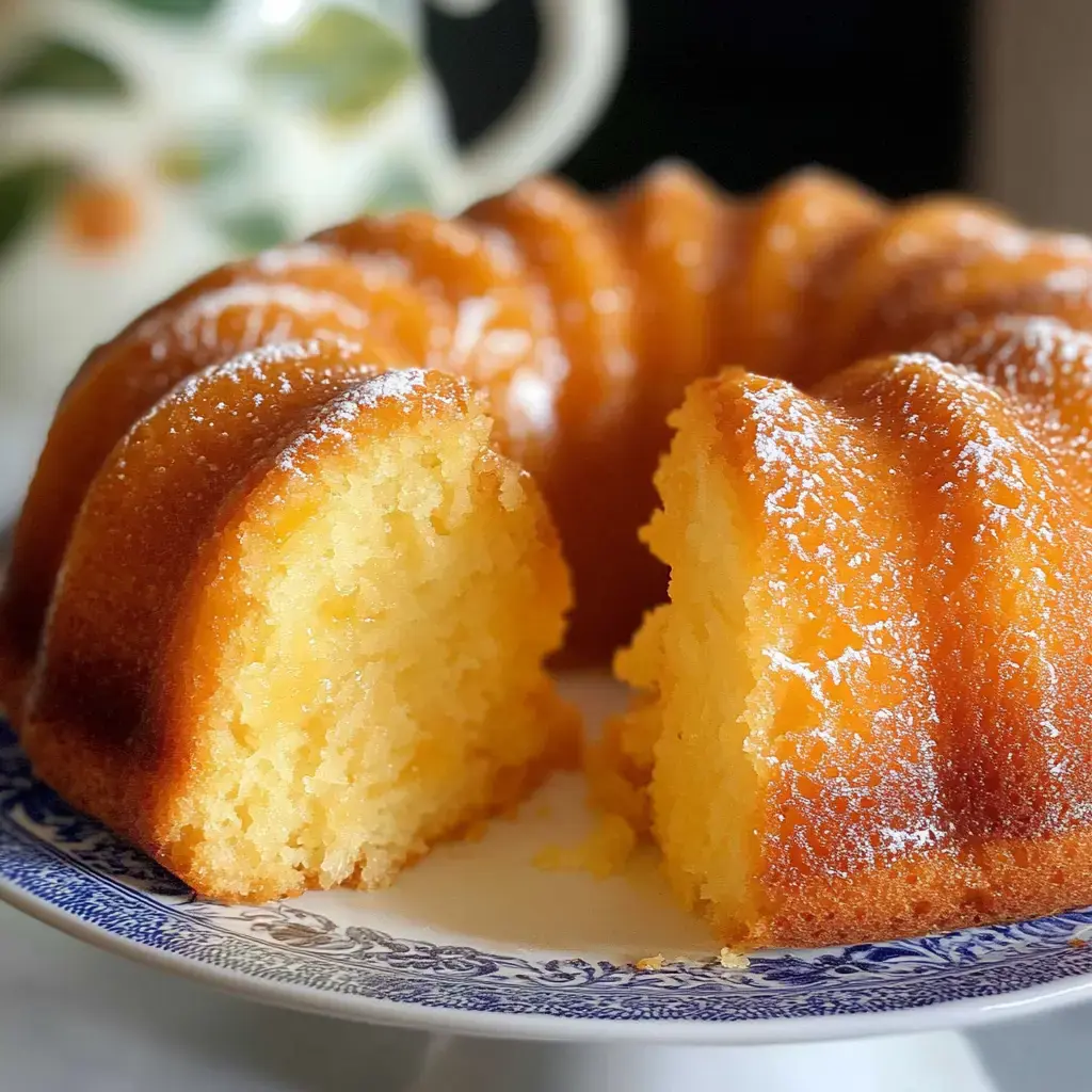 A slice of golden bundt cake is displayed on a decorative plate, showcasing its fluffy texture and a dusting of powdered sugar.