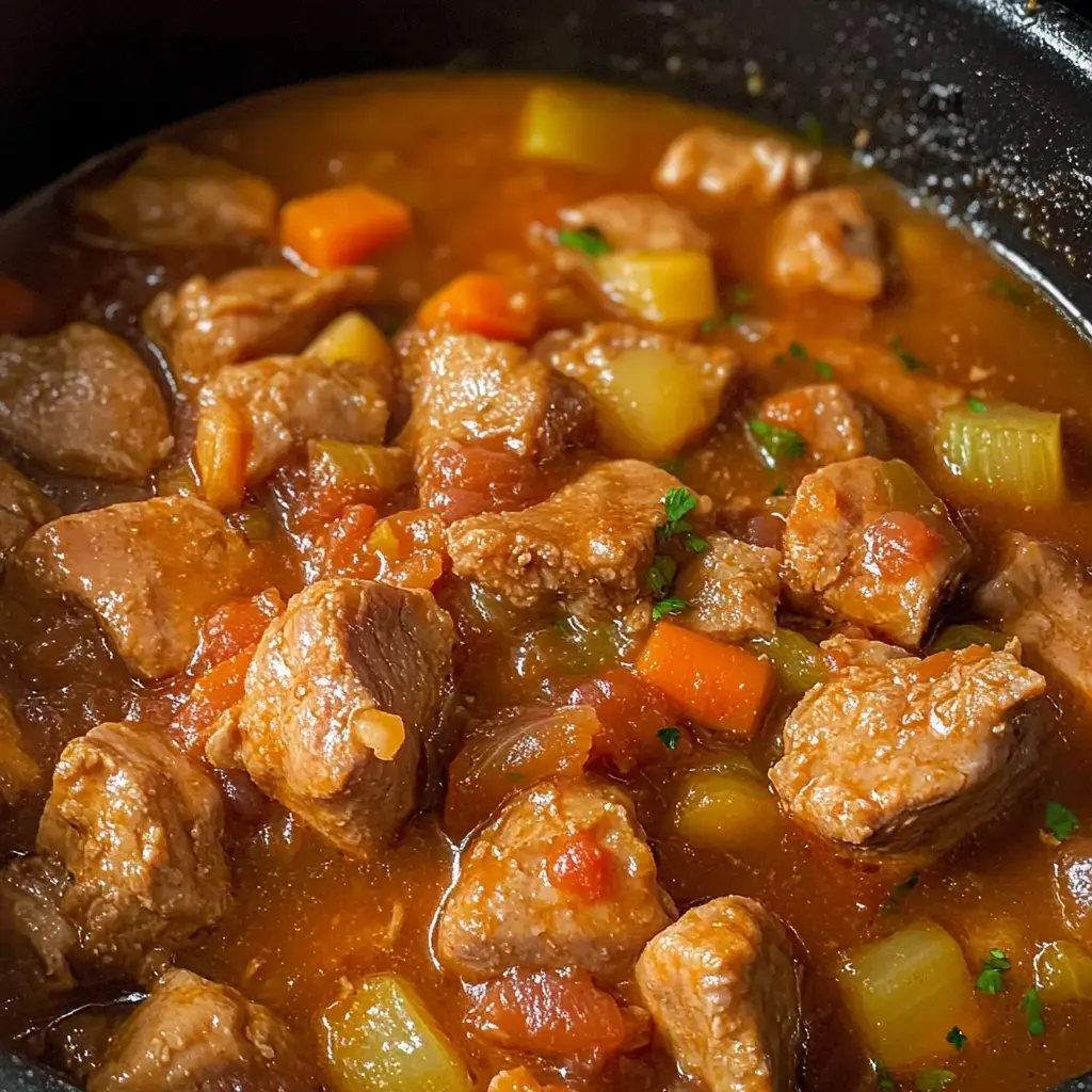 A close-up view of a savory stew containing tender pieces of meat, carrots, celery, and tomatoes in a rich broth.