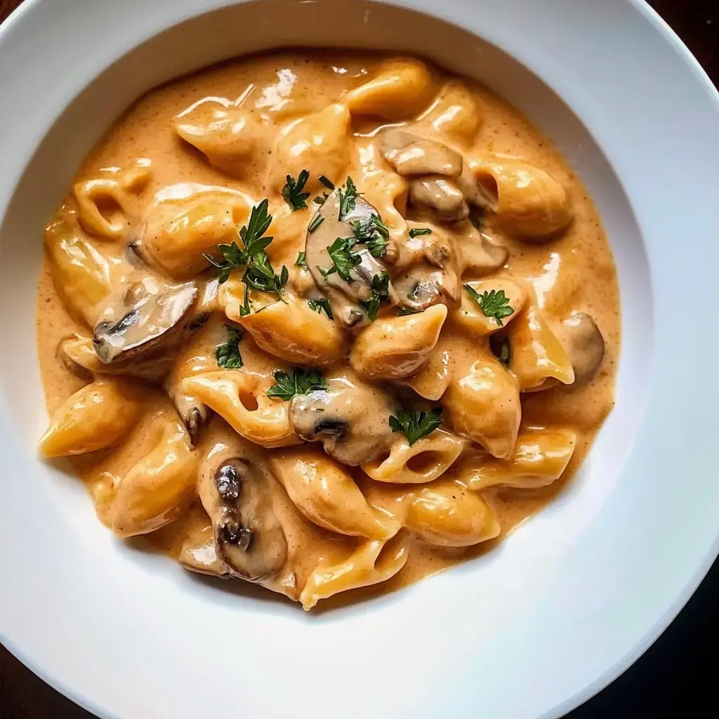 A creamy pasta dish with mushrooms, garnished with fresh parsley, served in a white bowl.