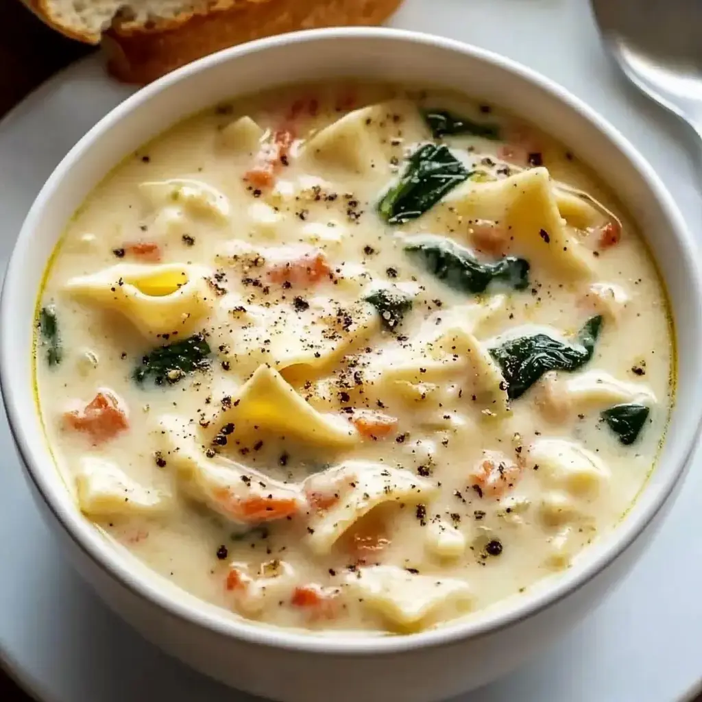 A bowl of creamy soup with pasta, spinach, and diced vegetables, served with a slice of bread on the side.