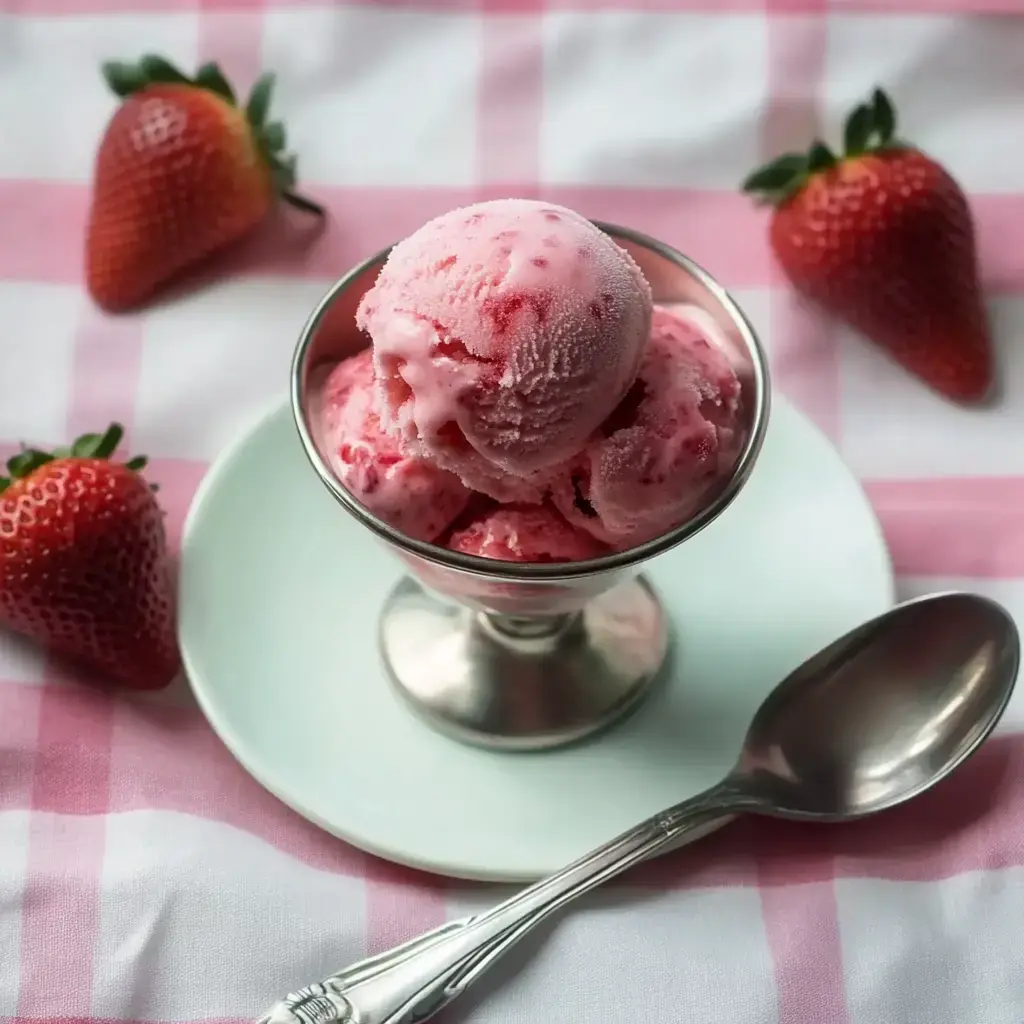 A silver dish holds scoops of strawberry ice cream, surrounded by fresh strawberries, on a pink checkered tablecloth.