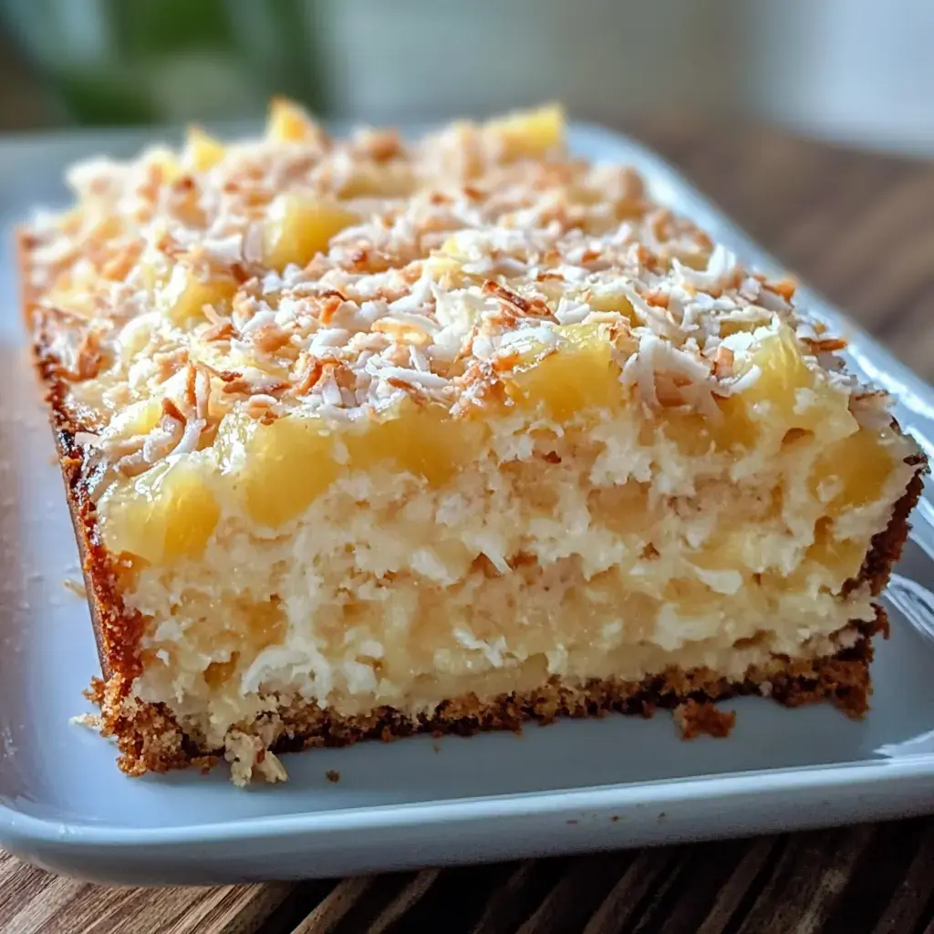 A close-up view of a slice of pineapple coconut cake, topped with toasted coconut flakes and pineapple pieces, on a white plate.