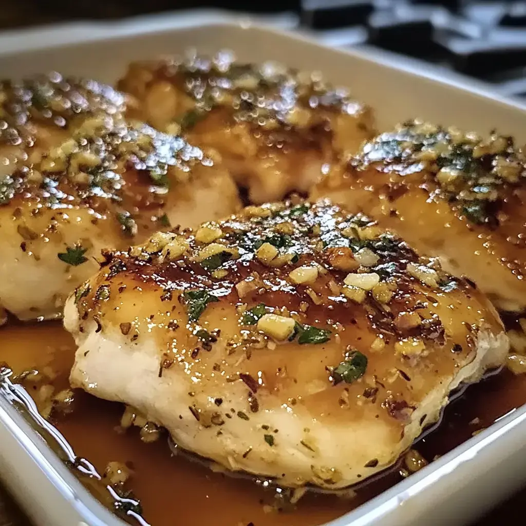 A close-up view of glazed chicken fillets topped with garlic and herbs, served in a dish with a savory sauce.