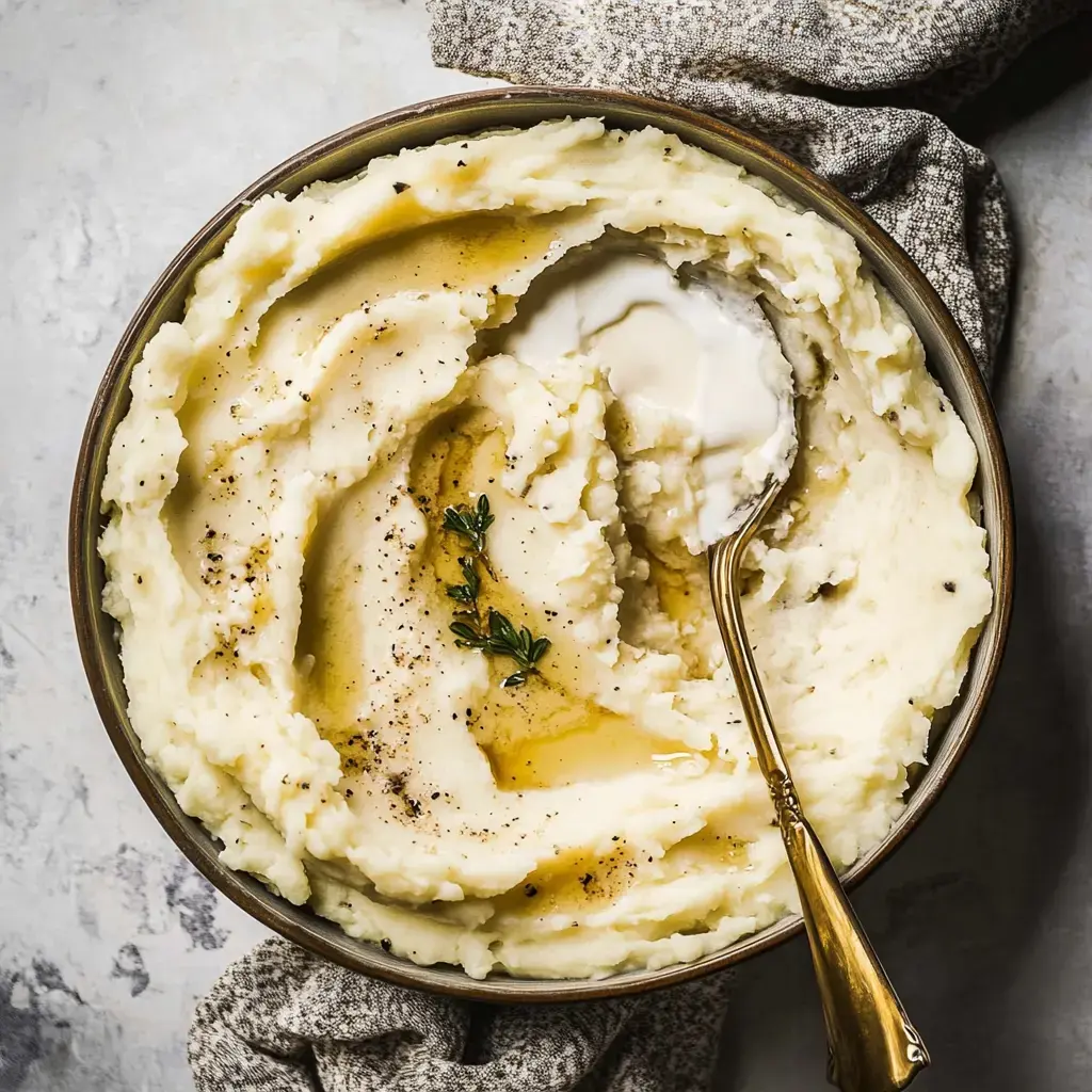 A bowl of creamy mashed potatoes drizzled with butter and garnished with thyme, accompanied by a serving spoon.