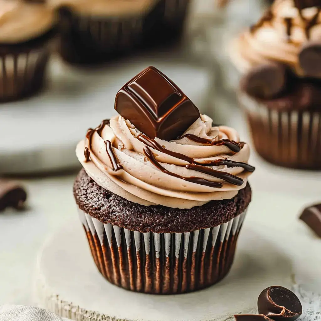 A close-up of a chocolate cupcake topped with swirled light brown frosting, a square piece of chocolate, and drizzled chocolate syrup.