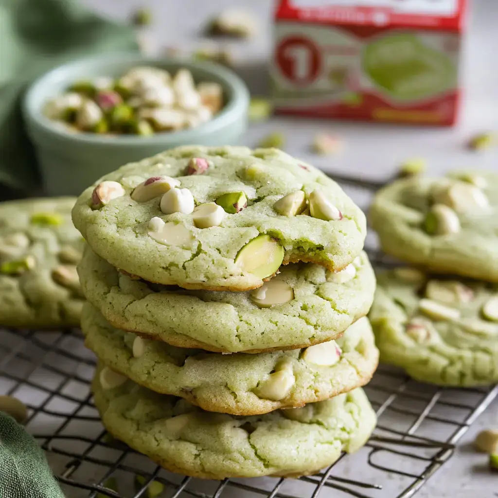 A stack of green pistachio cookies with white chocolate chips is displayed on a wire rack, surrounded by scattered pistachios and a small bowl of nuts in the background.