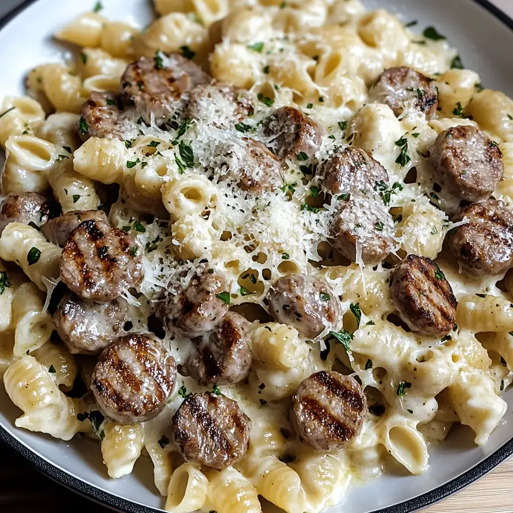 A close-up image of creamy pasta topped with grilled sausage slices and sprinkled with cheese and parsley.