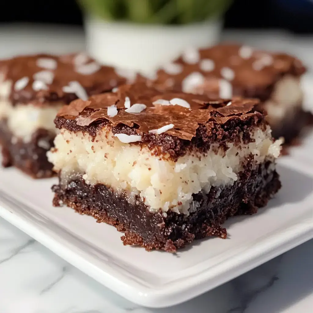 A close-up view of a layered dessert square featuring a chocolate top, coconut filling, and brownie base, garnished with shredded coconut flakes.