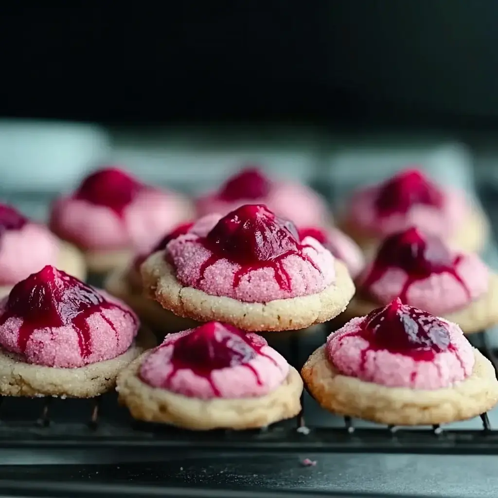 A close-up of freshly baked cookies topped with pink frosting and a dollop of red fruit jam.