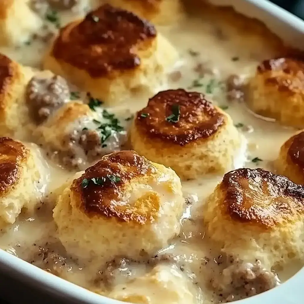 A baked dish featuring golden, fluffy biscuits atop a creamy, beef mixture.