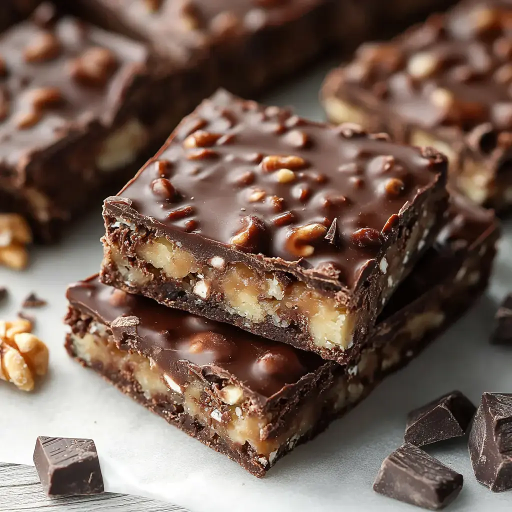 A stack of chocolate-covered bars layered with nuts and a creamy filling is displayed on a light surface, accompanied by scattered chocolate squares and nuts.