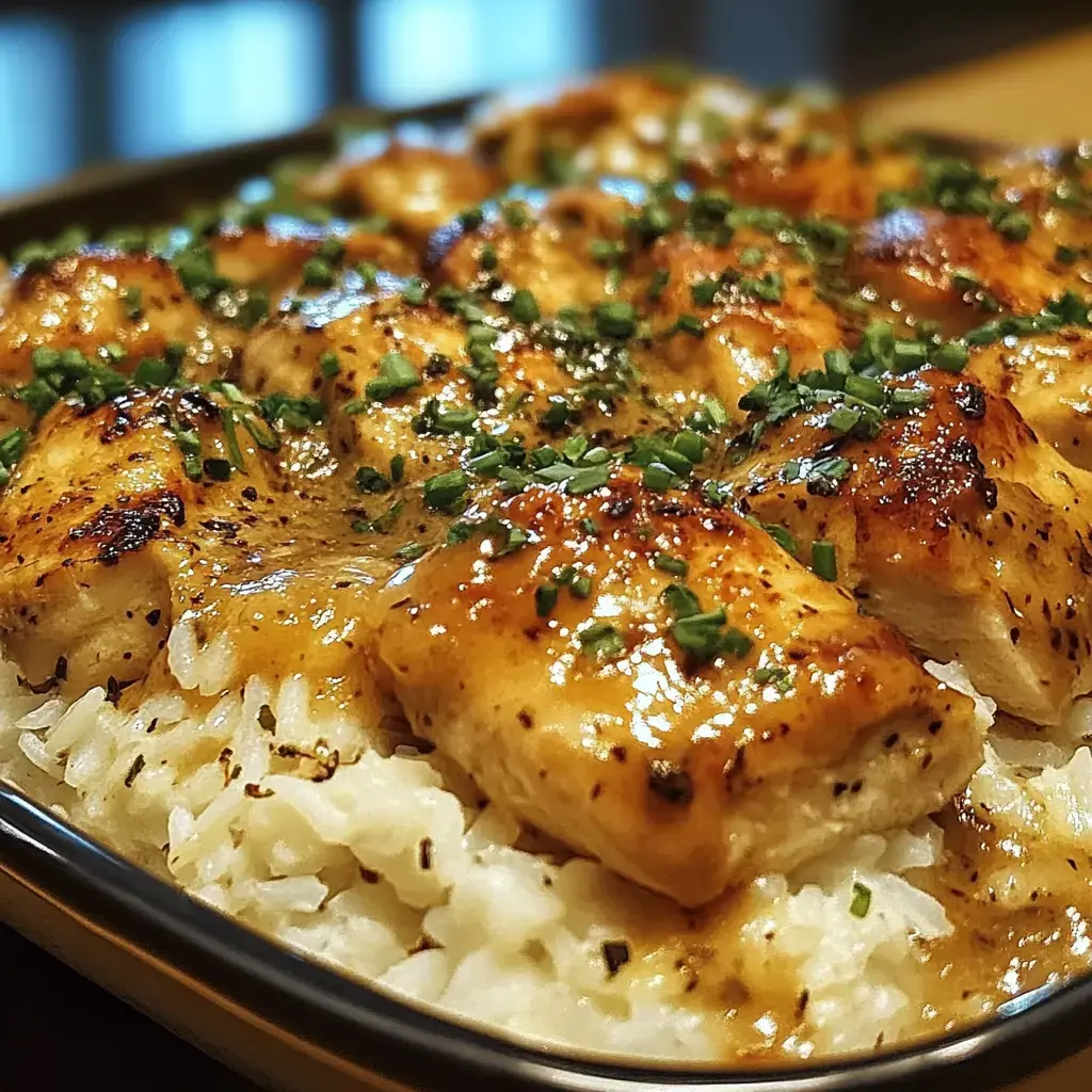 A close-up of grilled chicken pieces drizzled with sauce and garnished with chopped green onions, served over a bed of fluffy white rice.