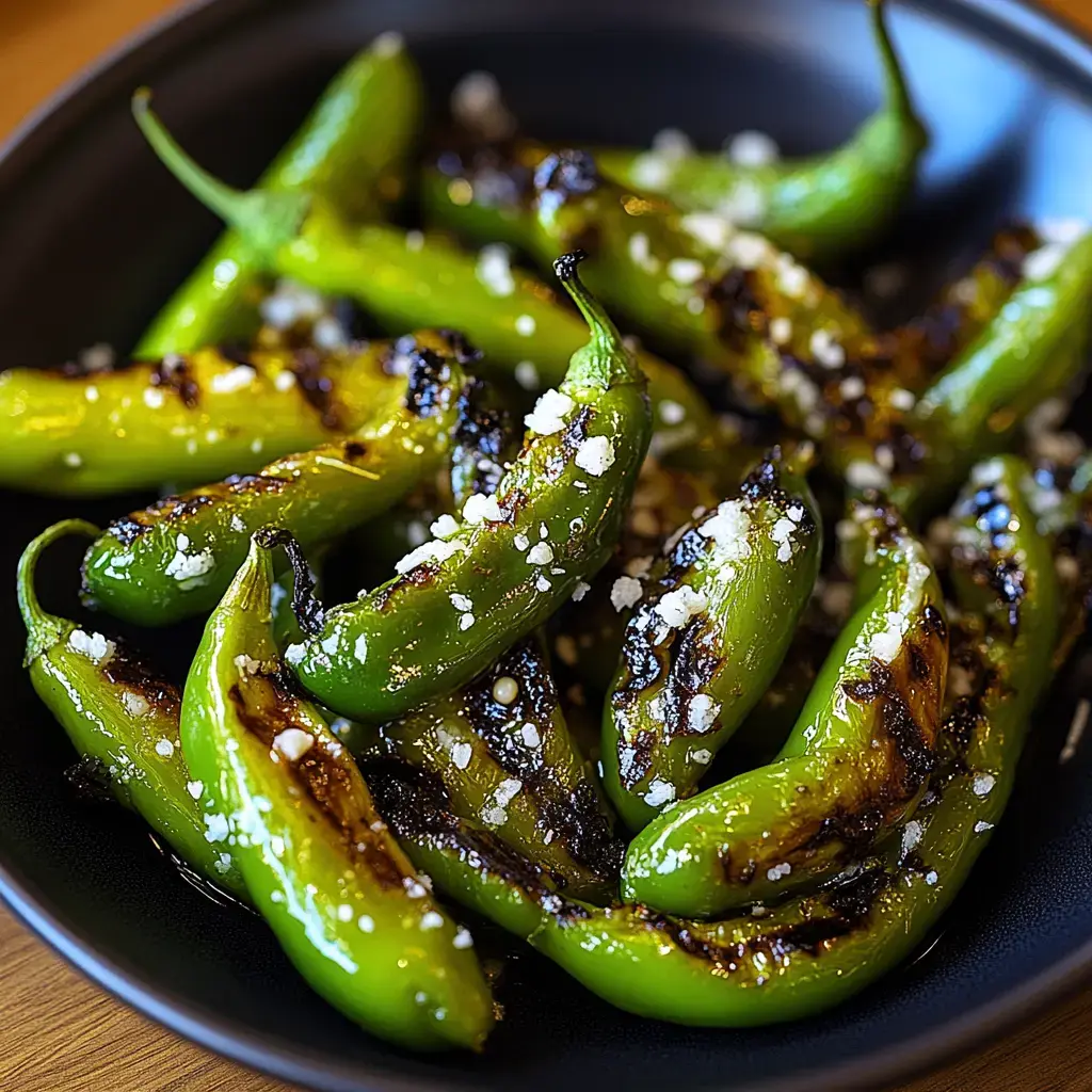 A close-up of grilled green jalapeño peppers sprinkled with cheese on a black plate.