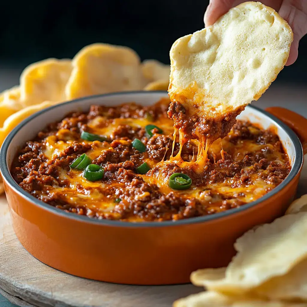 A hand dips a crispy chip into a warm, cheesy meat dip topped with green onions, with additional chips nearby.