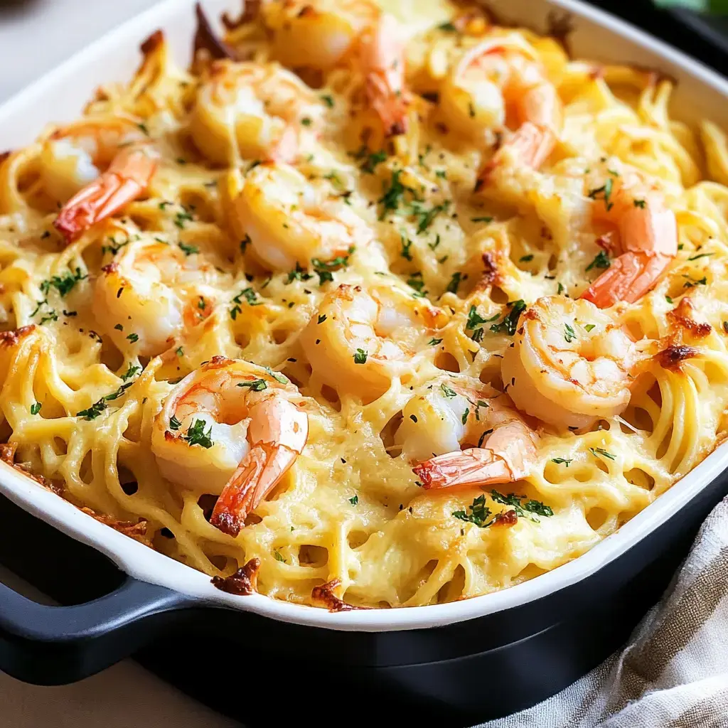 A creamy baked pasta dish topped with shrimp and parsley.