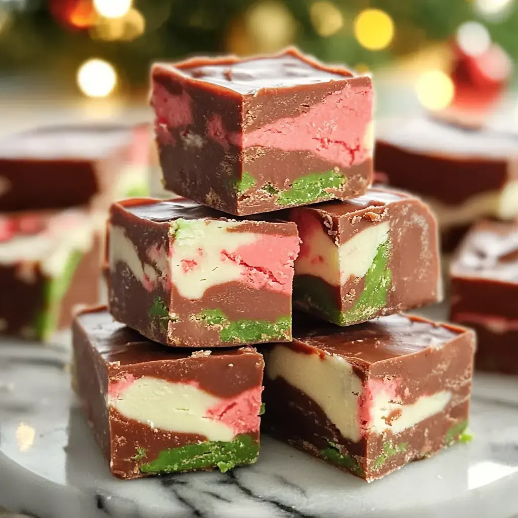 A stack of colorful holiday fudge squares, featuring layers of chocolate, pink, and green, set on a marble surface with a festive blurred background.