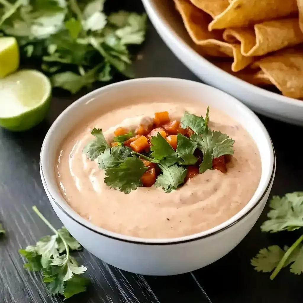 A bowl of creamy dip topped with diced tomatoes and cilantro, accompanied by lime halves and tortilla chips in the background.