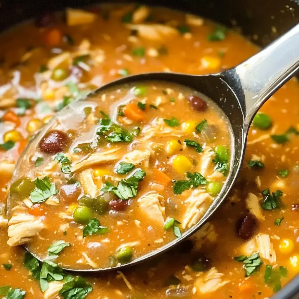 A ladle holds a hearty chicken soup filled with colorful vegetables and garnished with fresh cilantro.