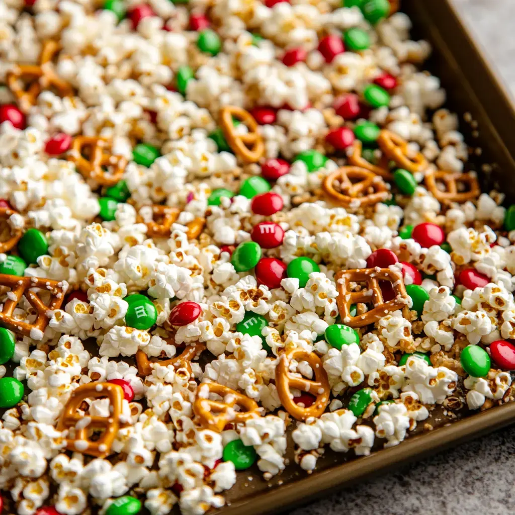 A close-up of a tray filled with popcorn mixed with pretzels and red and green M&M candies.