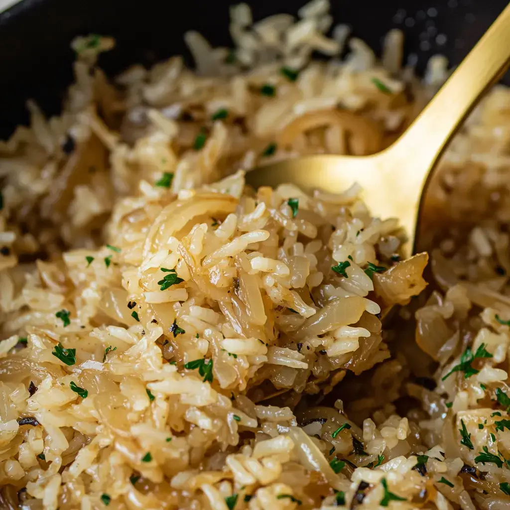 A close-up of fluffy rice mixed with sautéed onions and garnished with parsley, served in a dark pan.