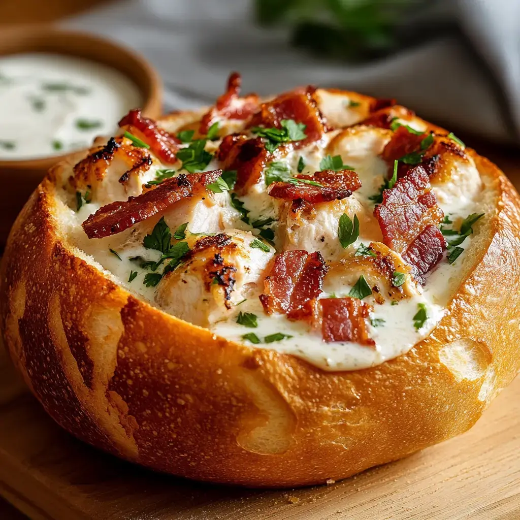 A round bread bowl filled with creamy sauce, grilled chicken pieces, crispy bacon, and garnished with parsley, with a small bowl of sauce in the background.