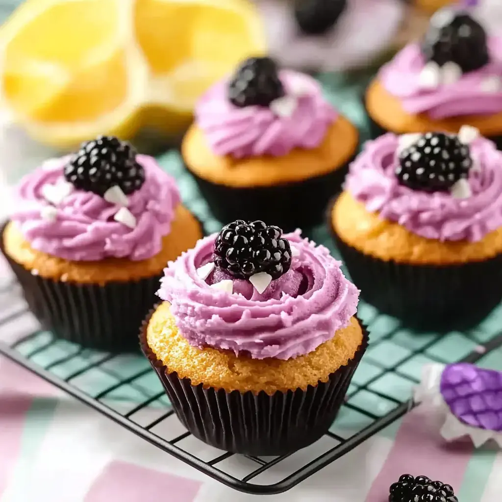 A close-up of several lemon cupcakes with purple frosting and blackberries on top, displayed on a wire rack with a lemon in the background.