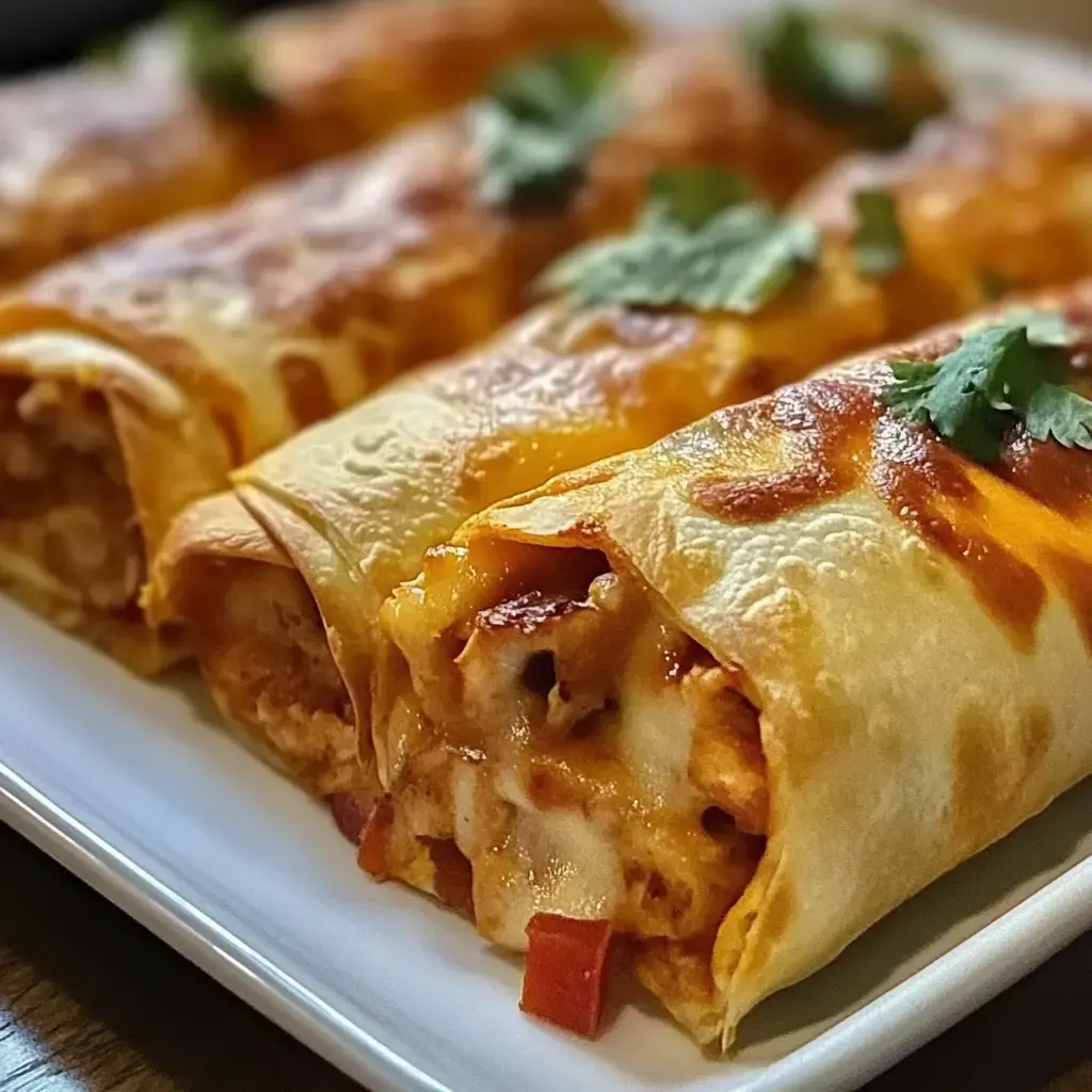 A close-up of rolled enchiladas topped with melted cheese and garnished with fresh cilantro on a plate.