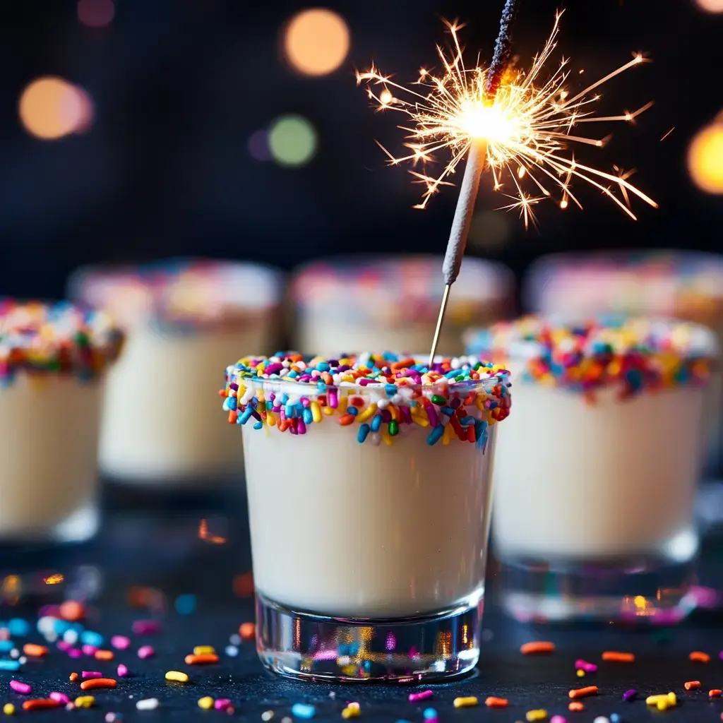 Colorful shot glasses with sprinkles on the rims are filled with a creamy drink, each topped with a sparkling sparkler against a blurred background.