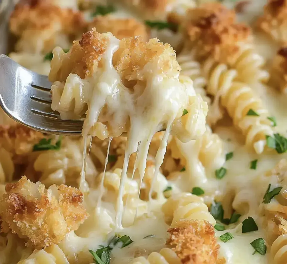 A fork lifts a cheesy, gooey portion of pasta with crispy topping, surrounded by more pasta and garnished with parsley.