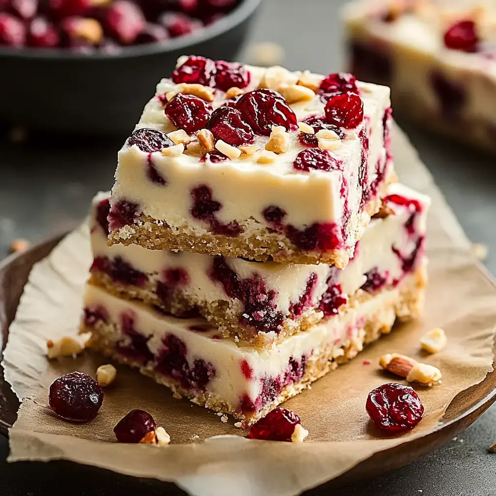 Three stacked dessert bars with a creamy white filling, cranberries, and nuts, resting on a piece of parchment paper.