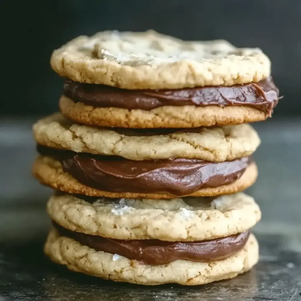 A stack of cookies with chocolate frosting in between each layer.