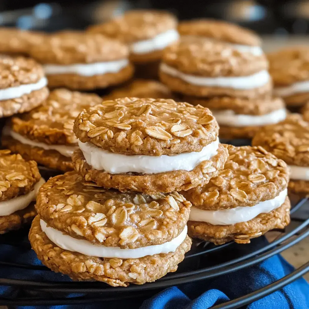 A close-up of stacked oatmeal cream sandwiches on a black cooling rack.