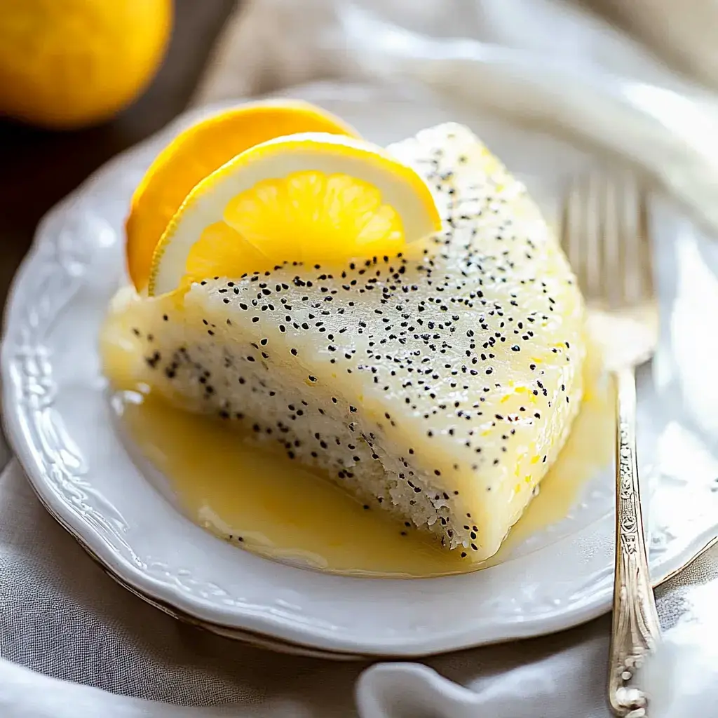 A slice of lemon poppy seed cake is served on a decorative white plate, garnished with lemon slices and drizzled with a glossy glaze.