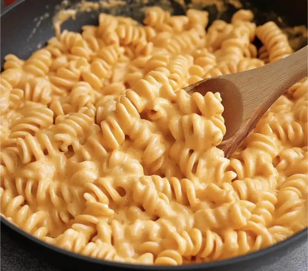 A close-up of cooked fusilli pasta coated in creamy orange cheese sauce, with a wooden spoon stirring it in a skillet.