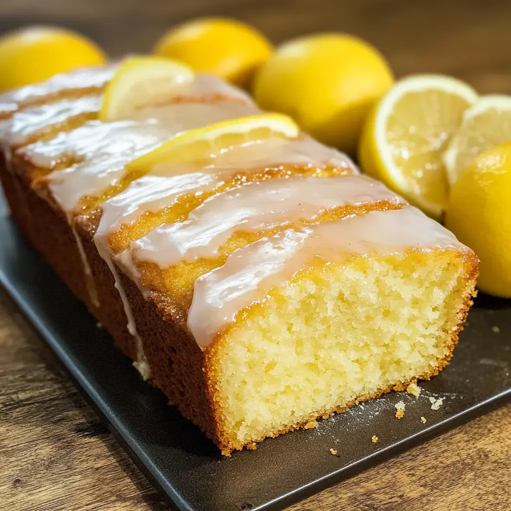 A freshly baked lemon cake drizzled with glaze, served alongside whole and sliced lemons on a wooden surface.