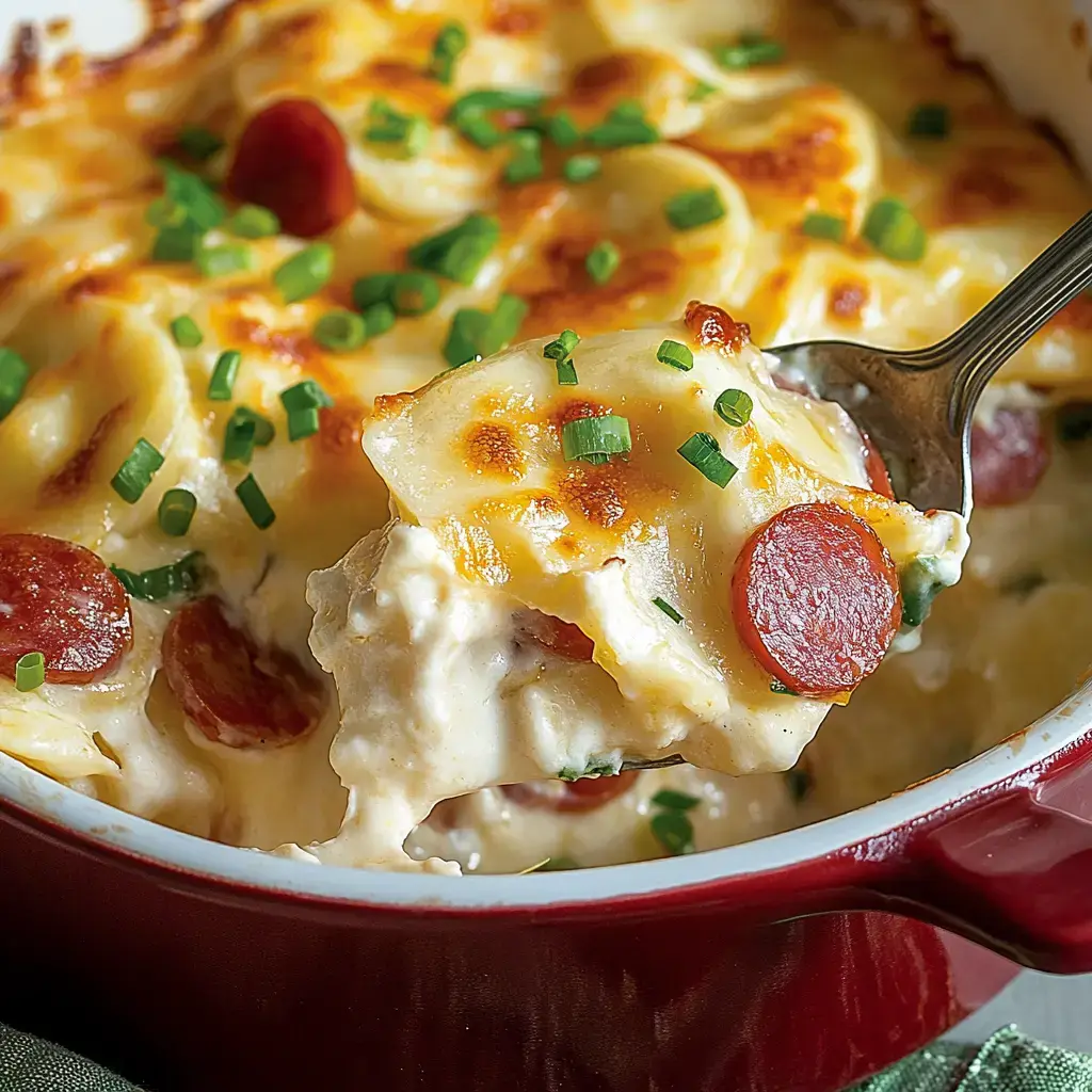 A serving of creamy pasta bake topped with sliced pepperoni and green chives, being lifted from a red dish.