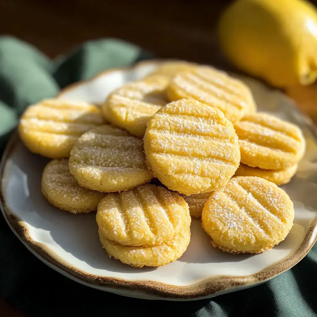 A neatly arranged plate of golden, sugared lemon cookies sits on a wooden surface, with a lemon in the background.