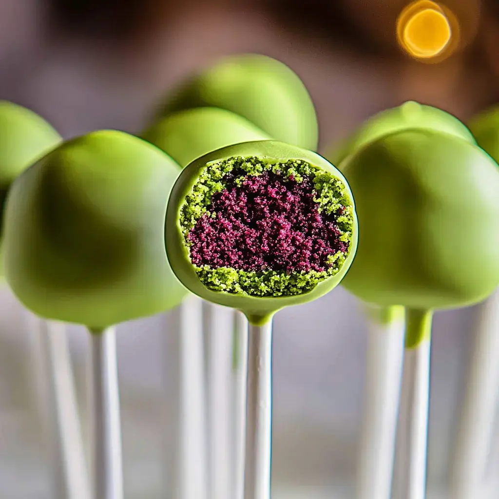 A close-up of a green cake pop cut in half, revealing a vibrant purple interior, with several other cake pops blurred in the background.