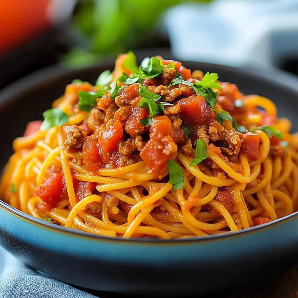 A close-up of a bowl of spaghetti topped with a meat sauce and garnished with chopped parsley.