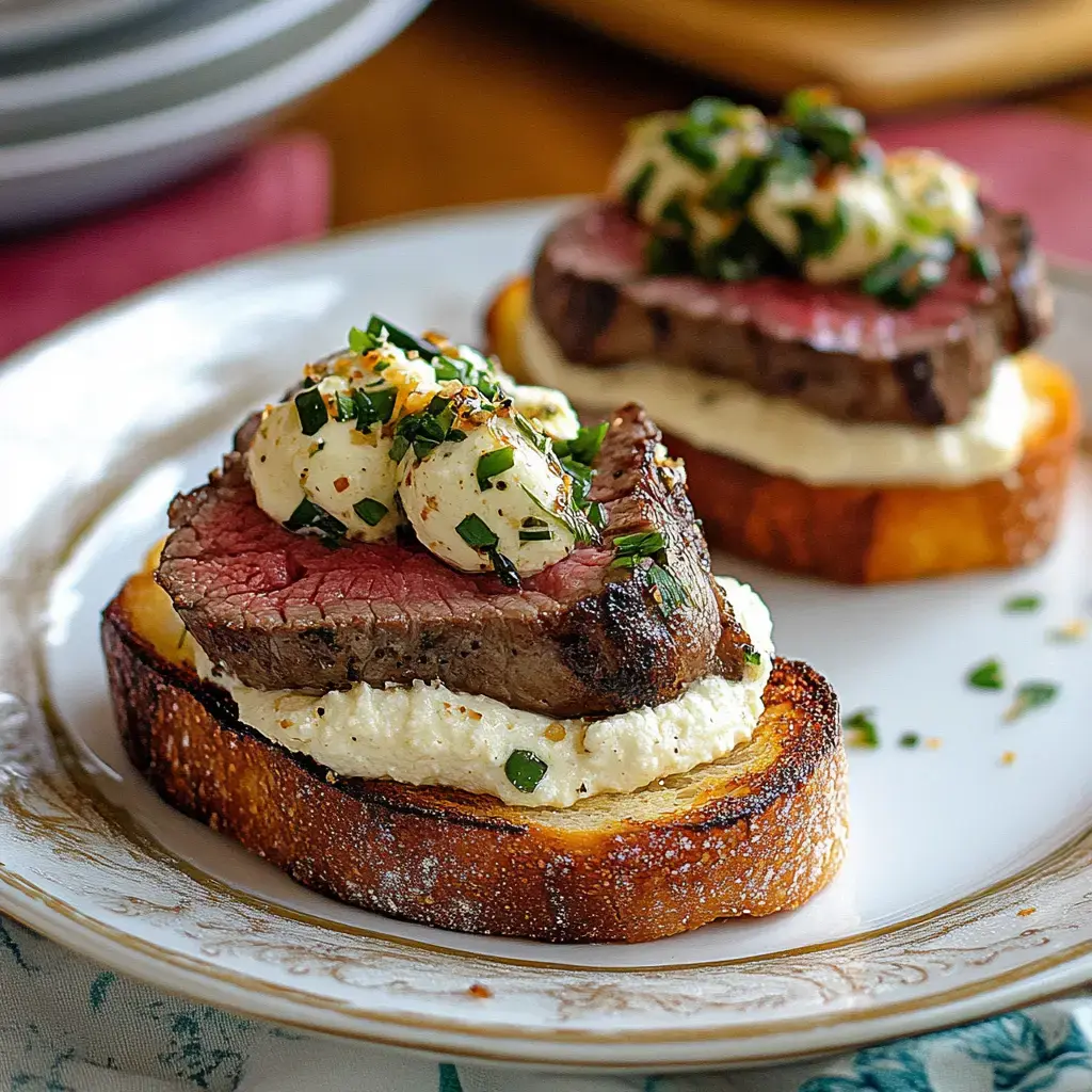 Two slices of toasted bread topped with creamy cheese, slices of juicy steak, and garnished with herbs and seasoning.