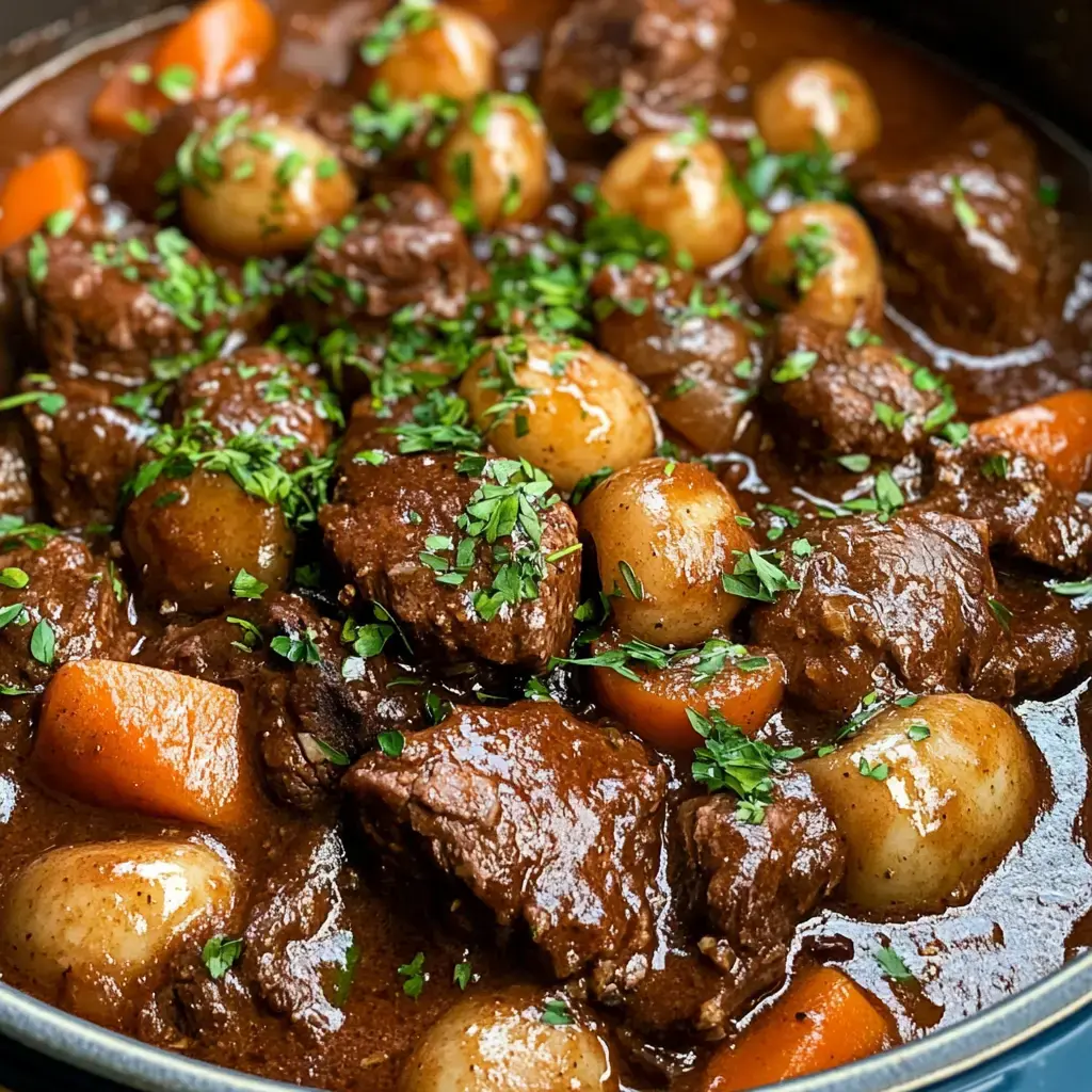 A close-up view of a hearty beef stew featuring tender beef chunks, baby potatoes, and carrots, garnished with fresh parsley.