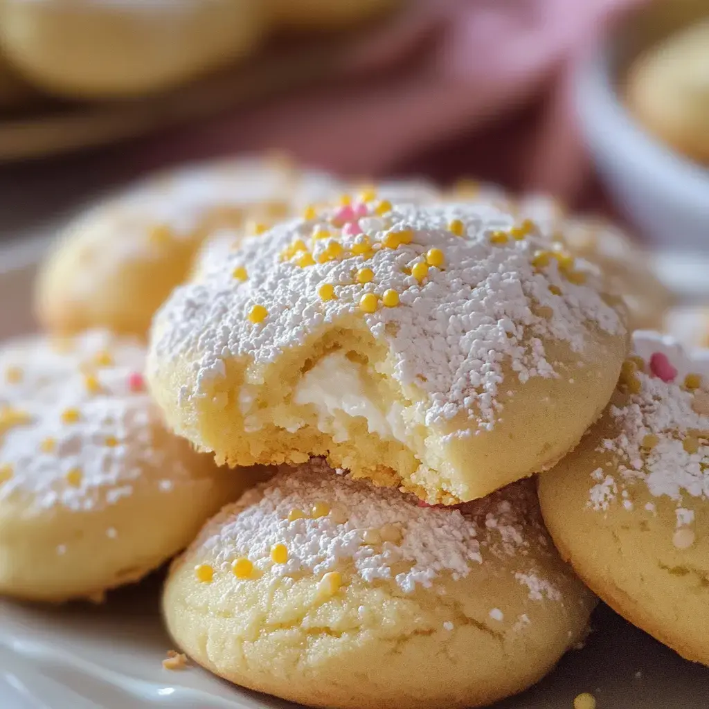 A close-up of soft, frosted cookies with colorful sprinkles, one cookie showing a bite taken out to reveal a cream filling inside.