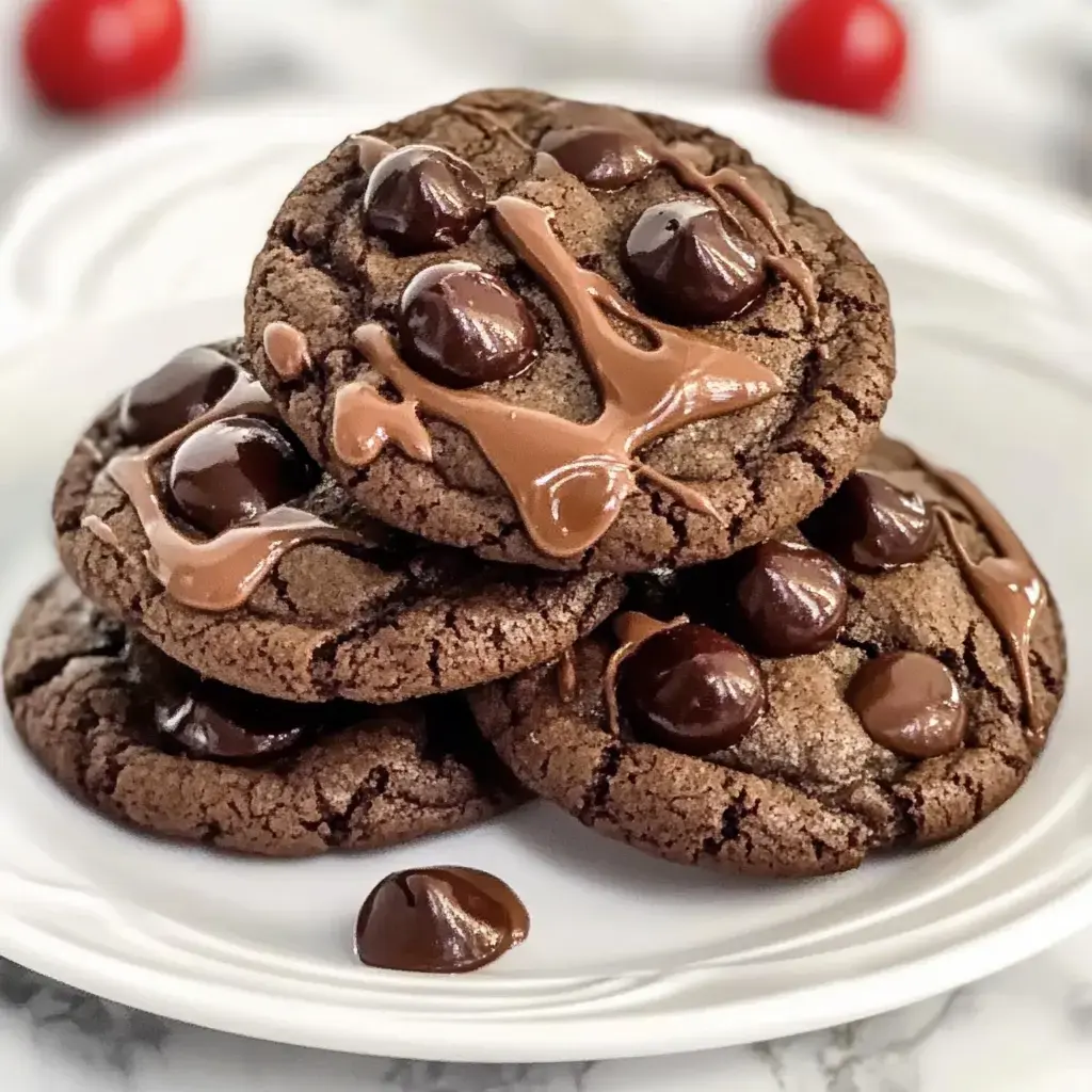 A stack of chocolate cookies with melted chocolate chips drizzled on top, served on a white plate.