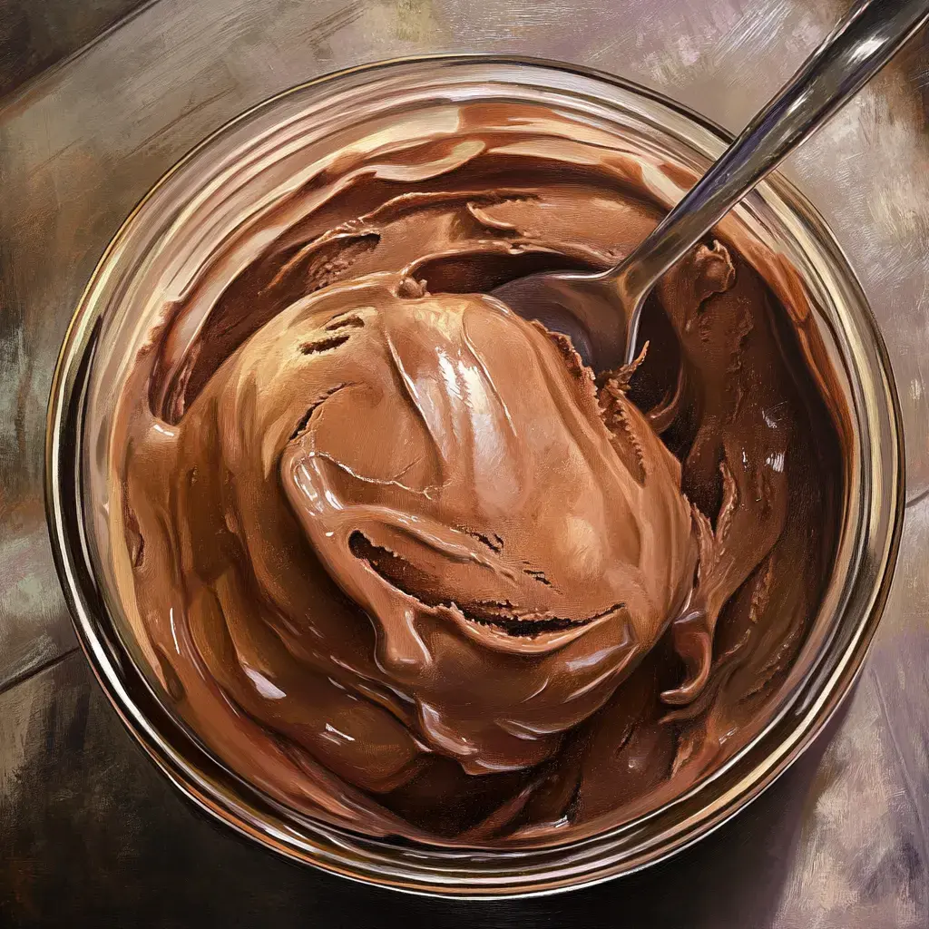 A close-up of a bowl of creamy chocolate ice cream with a spoon resting inside.