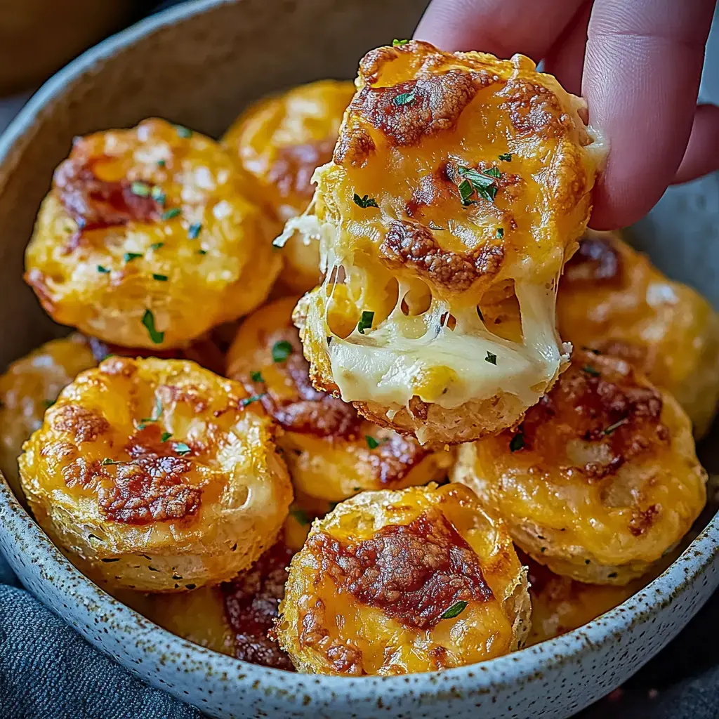 A hand holds a cheesy, golden-brown baked snack above a bowl filled with similar treats.