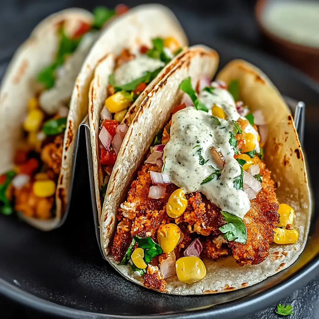 Three tacos filled with seasoned chicken, corn, diced tomatoes, onions, and topped with a creamy green sauce, served on a black plate.